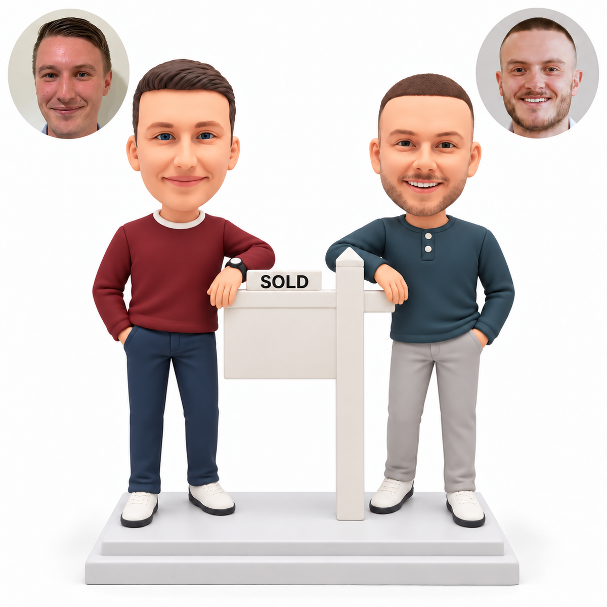 custom bobblehead figures two male business partners leaning on a real estate signpost with outer hands in pockets