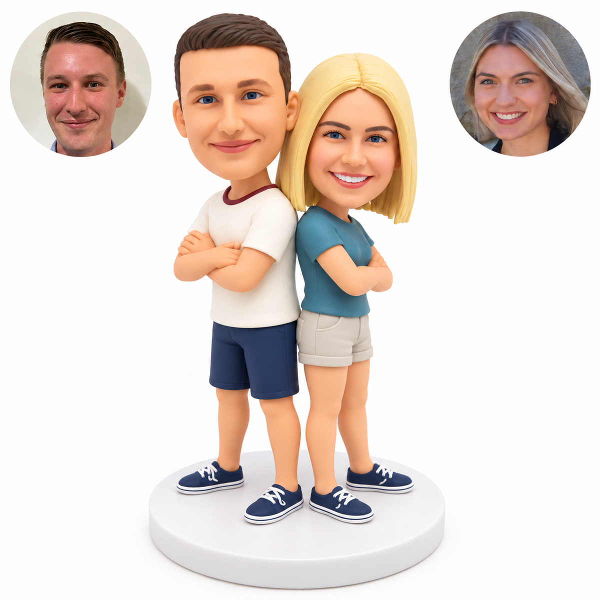 custom bobblehead figures couple standing back to back with their arms folded