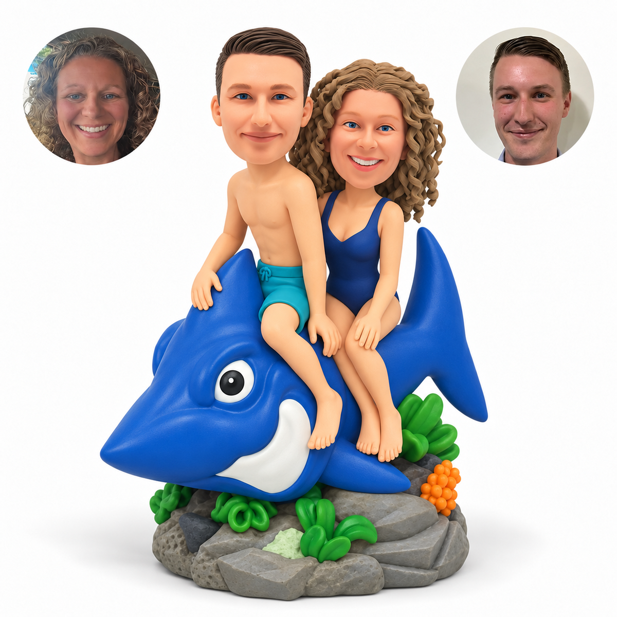 custom bobblehead figures couple riding a blue cartoon shark
