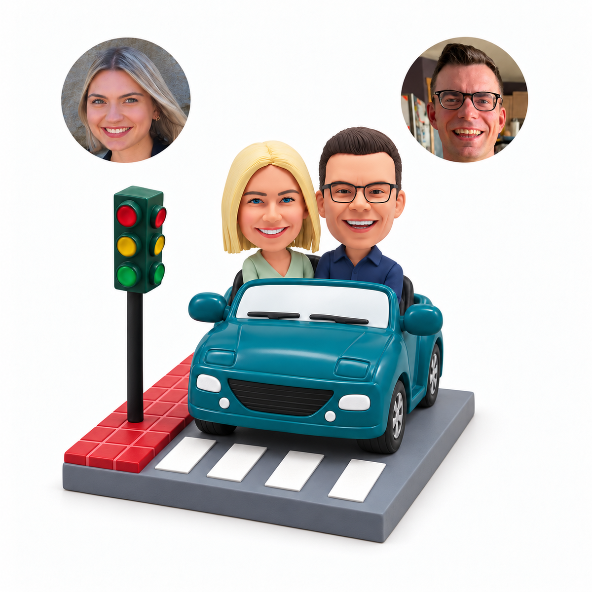 custom bobblehead figures couple in a sports convertible beside a traffic light