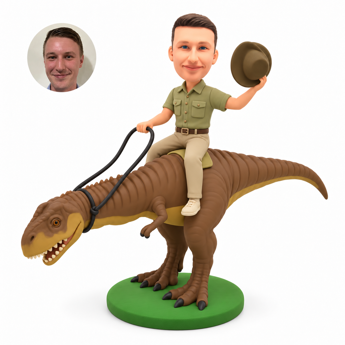 custom bobblehead figure safari rider on a dinosaur raising a hat
