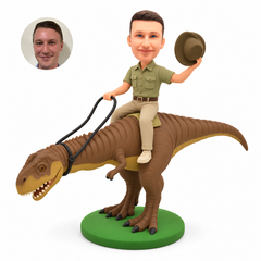 custom bobblehead figure safari rider on a dinosaur raising a hat