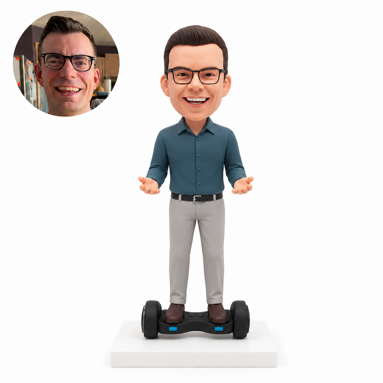 custom bobblehead figure man standing on a hoverboard with open palms
