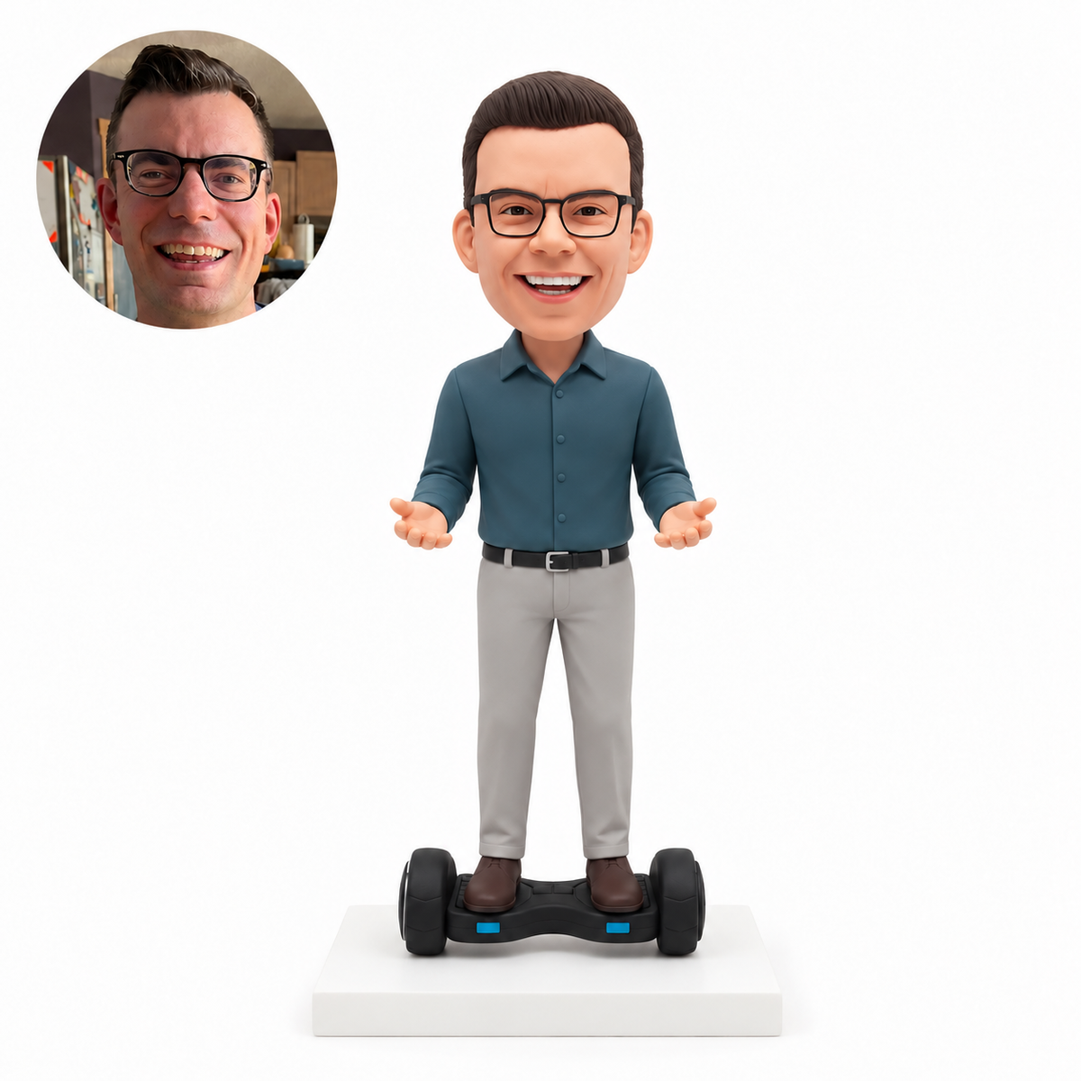custom bobblehead figure man standing on a hoverboard with open palms