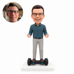 custom bobblehead figure man standing on a hoverboard with open palms