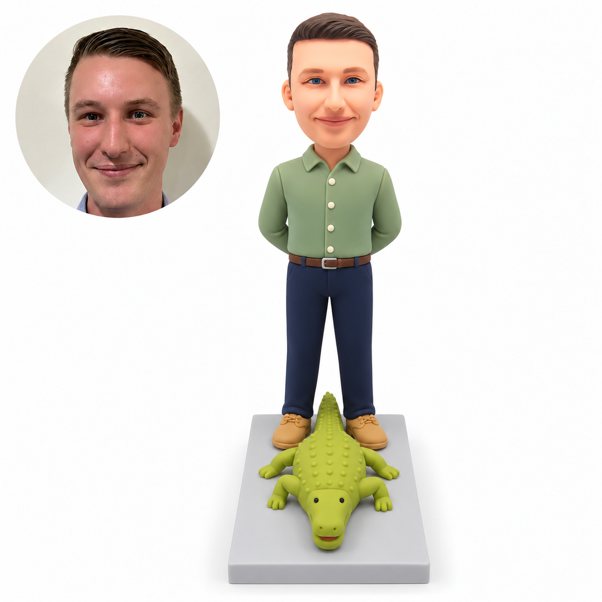 custom bobblehead figure man standing astride a crocodile with hands behind his back