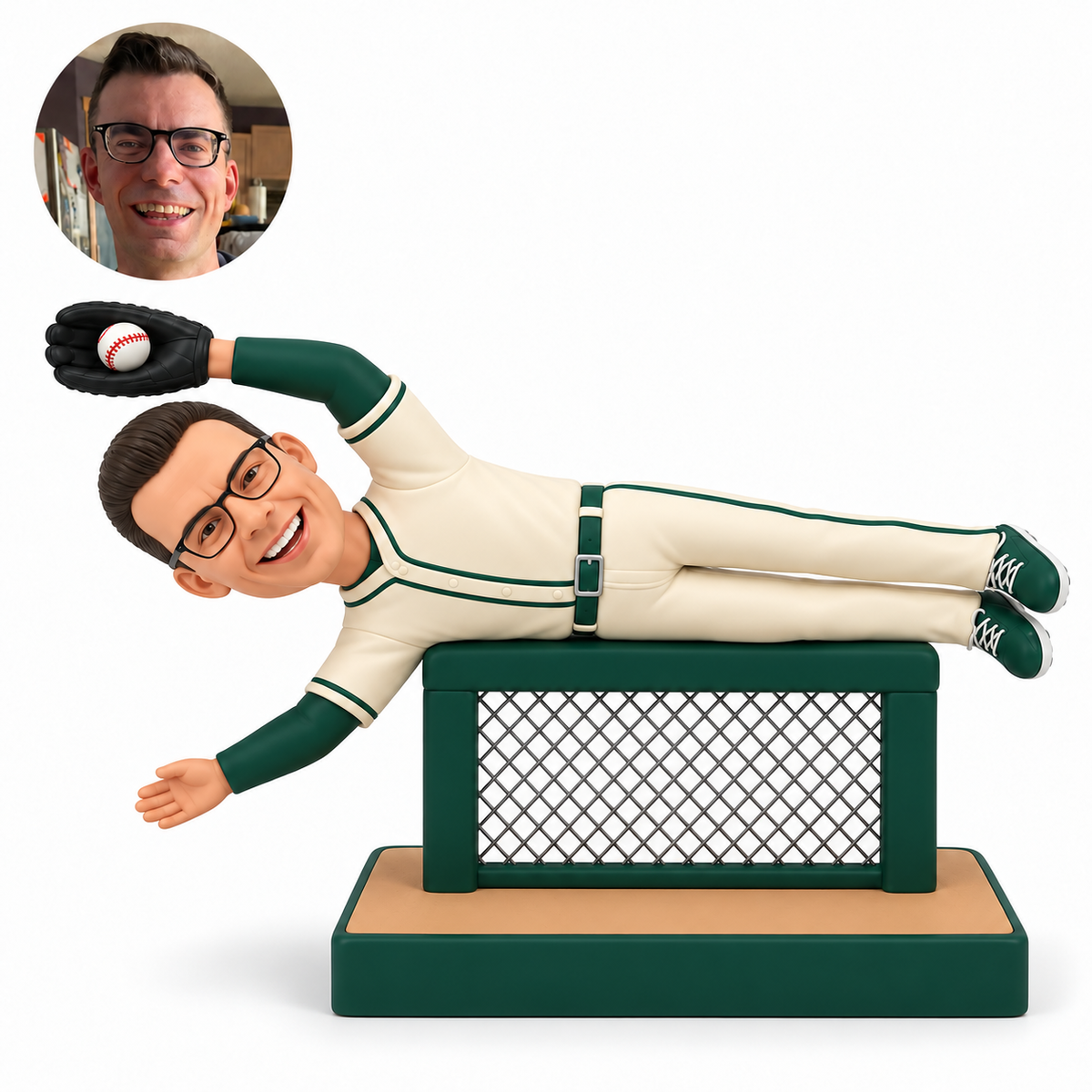 custom bobblehead figure baseball outfielder diving over a fence to catch a ball