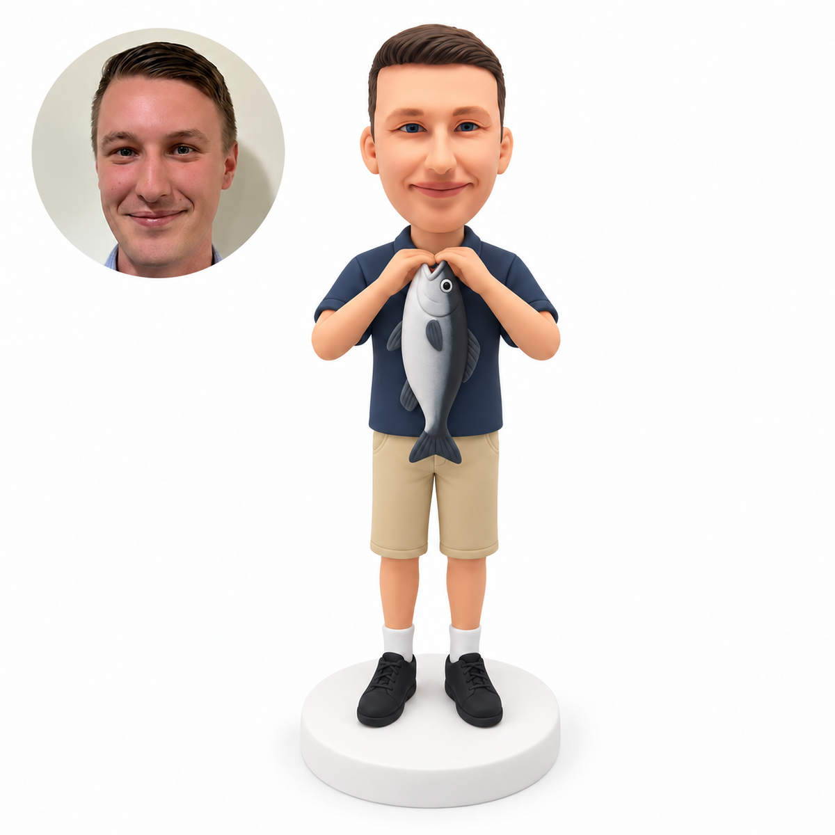 custom bobblehead figure man holding a fish upright beneath his chin with both hands