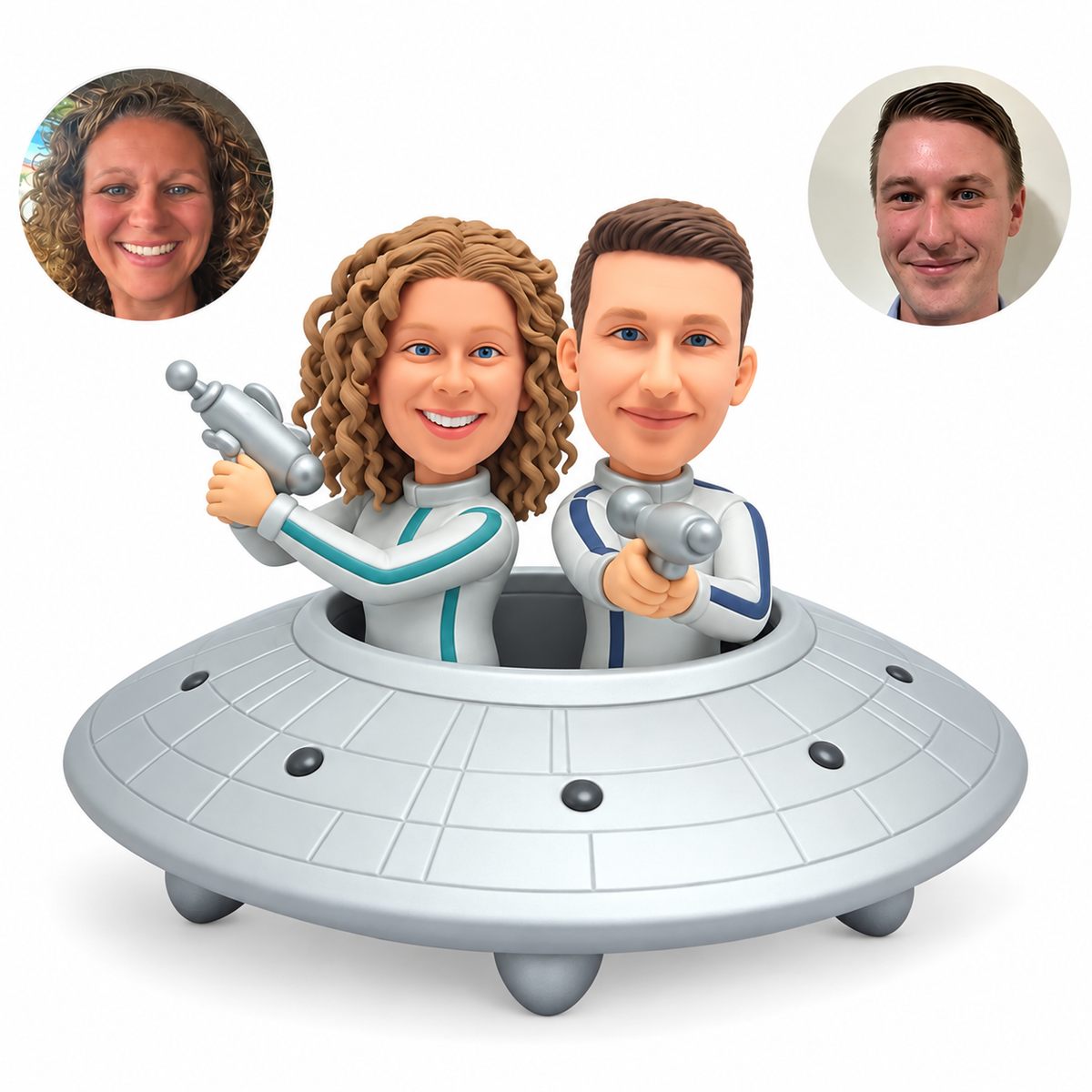 custom bobblehead figures couple in a flying saucer holding ray-gun props