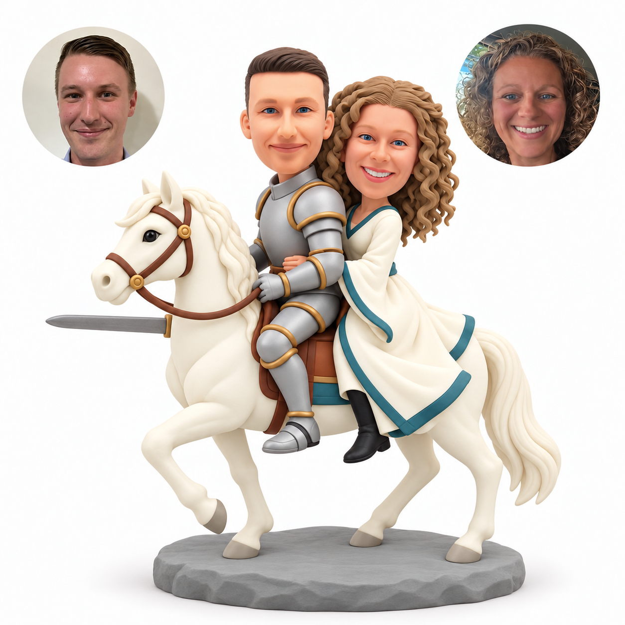 custom bobblehead figures knight and lady riding a white horse