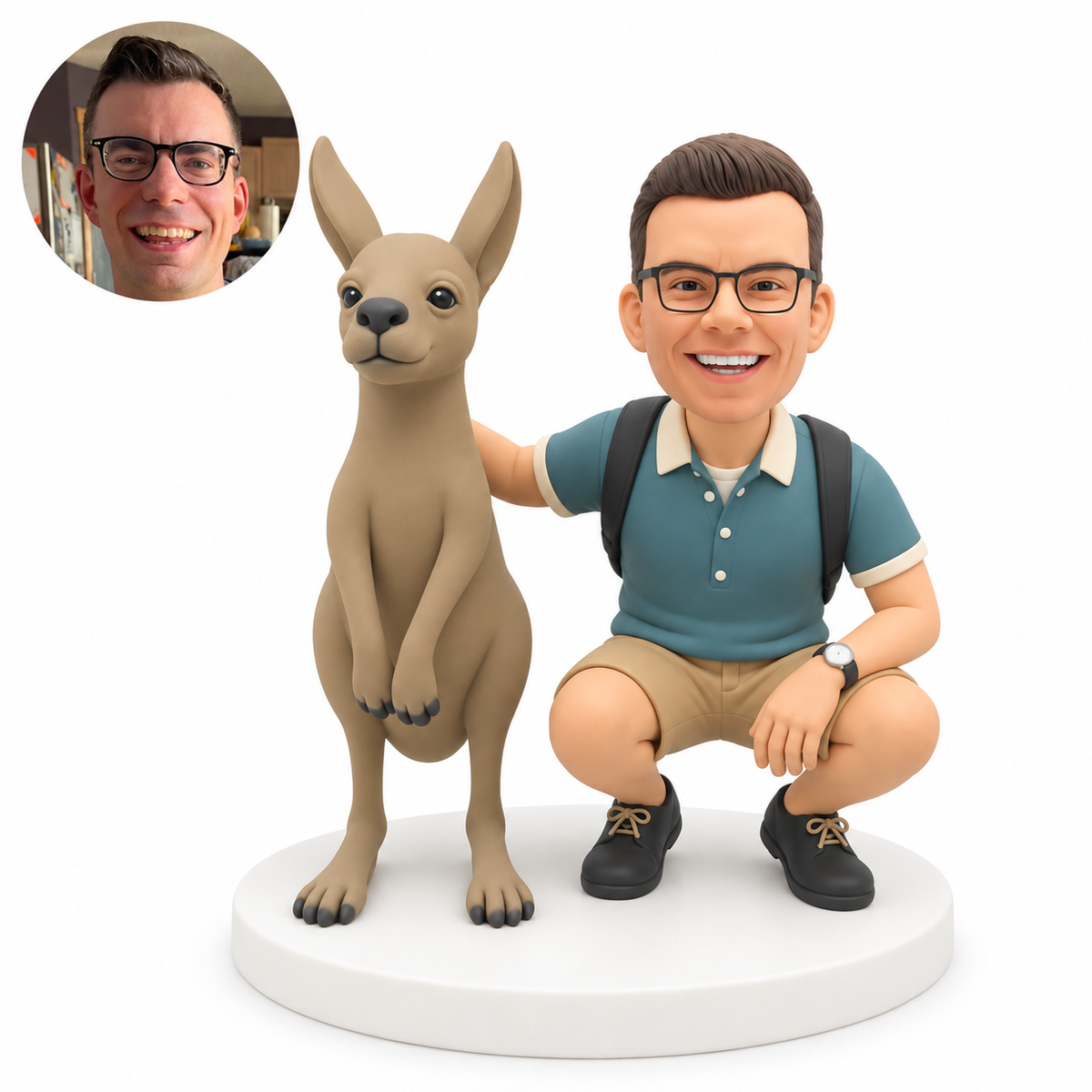 custom bobblehead figure man crouching beside an upright kangaroo