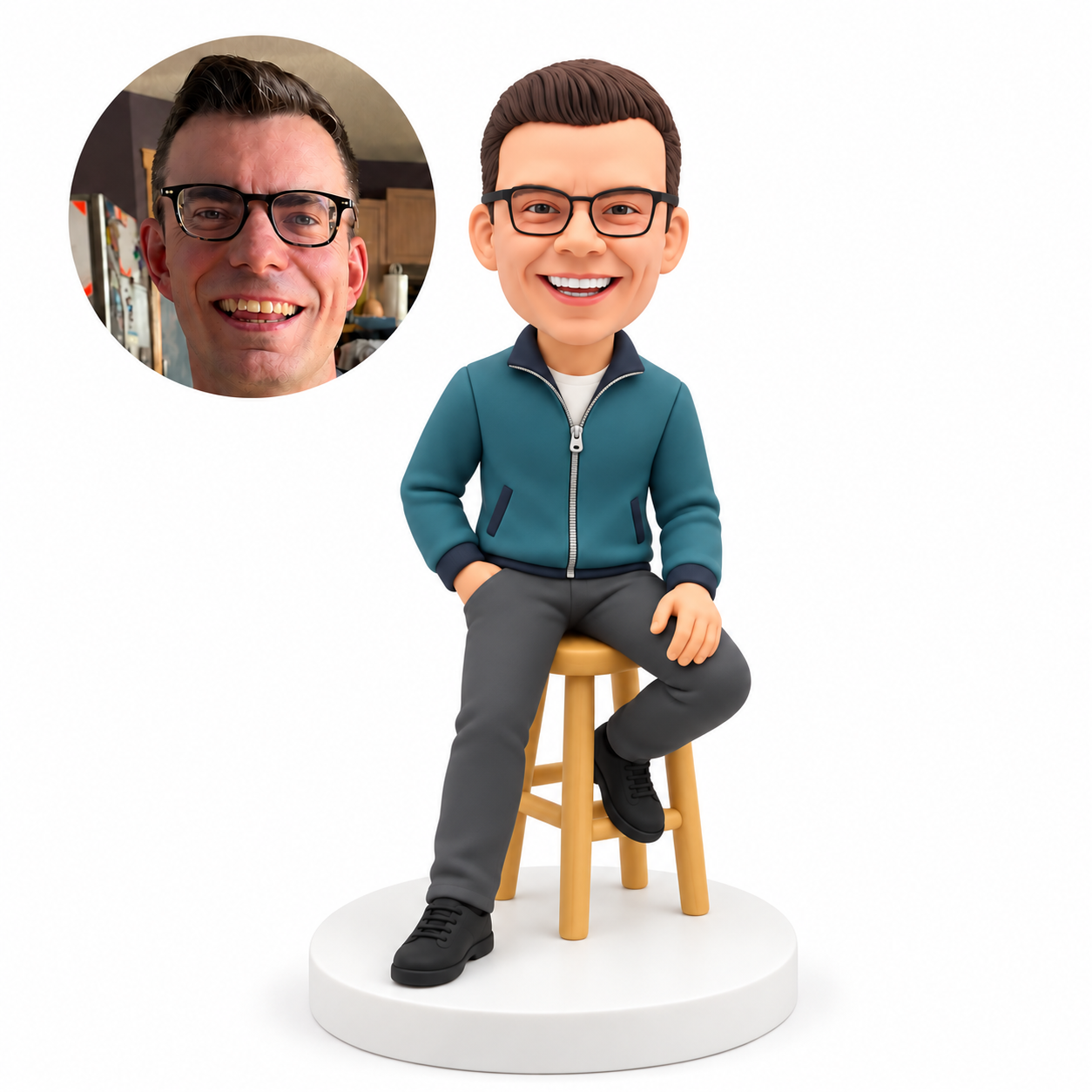 custom bobblehead figure man seated on a high stool with one hand in his pocket