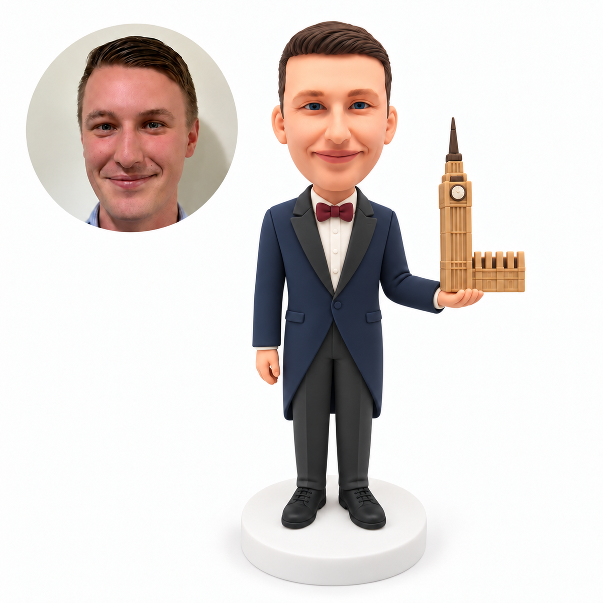 custom bobblehead figure architect holding a clock tower building model