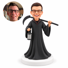 custom bobblehead figure grim reaper holding a lantern with a scythe across his shoulders