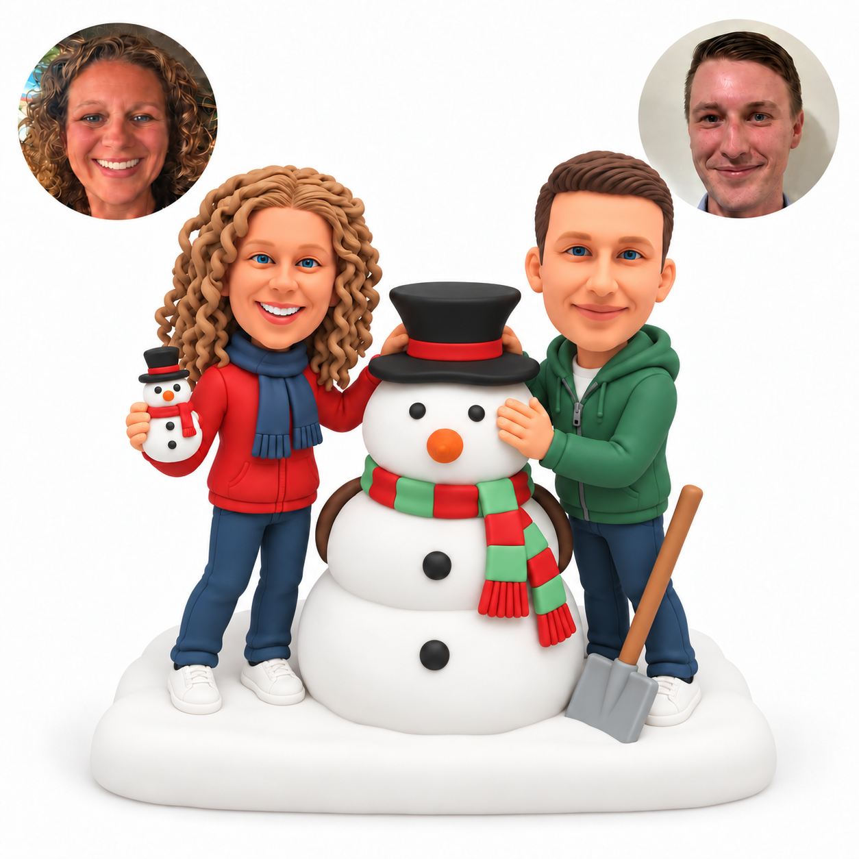 custom bobblehead figures couple building a snowman with a shovel and a small snowman ornament