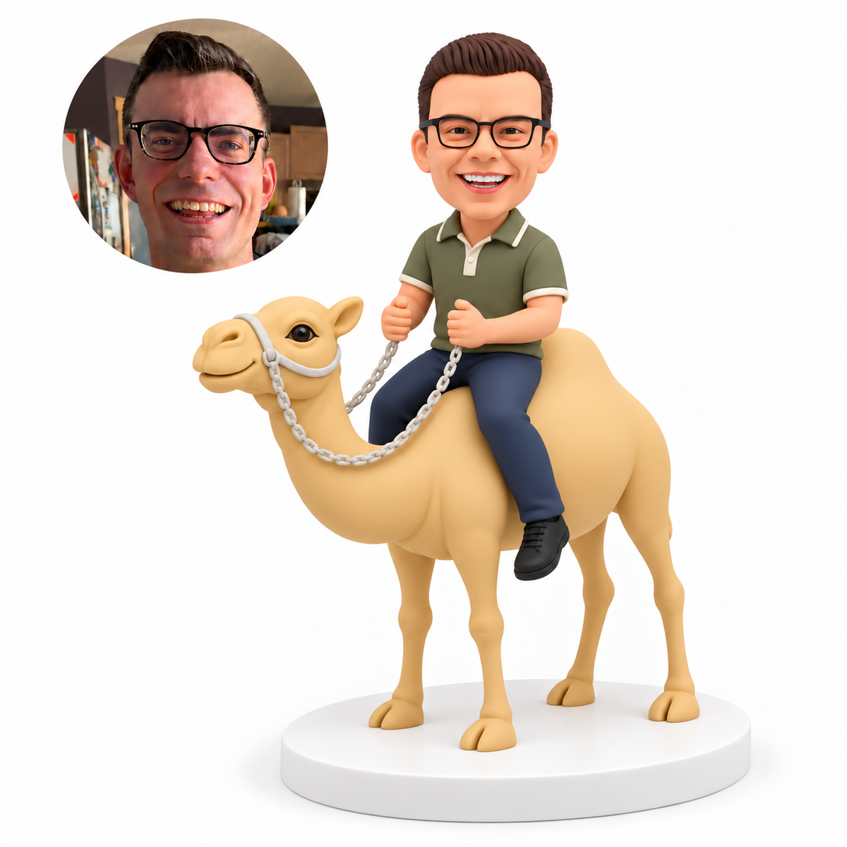 custom bobblehead figure man riding a camel while holding the reins