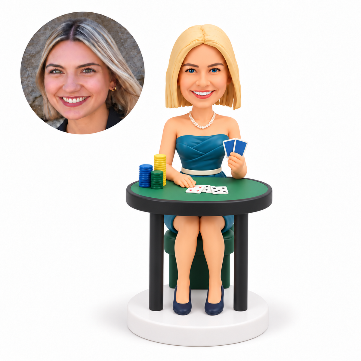 custom bobblehead figure female poker player in a strapless dress seated at a table with cards and chips