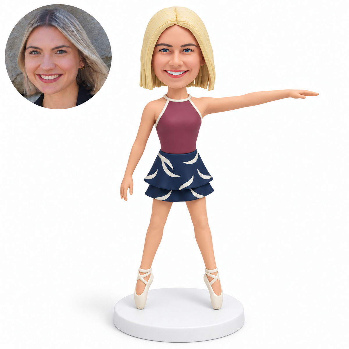 custom bobblehead figure female ballet dancer on both toes with one arm extended sideways