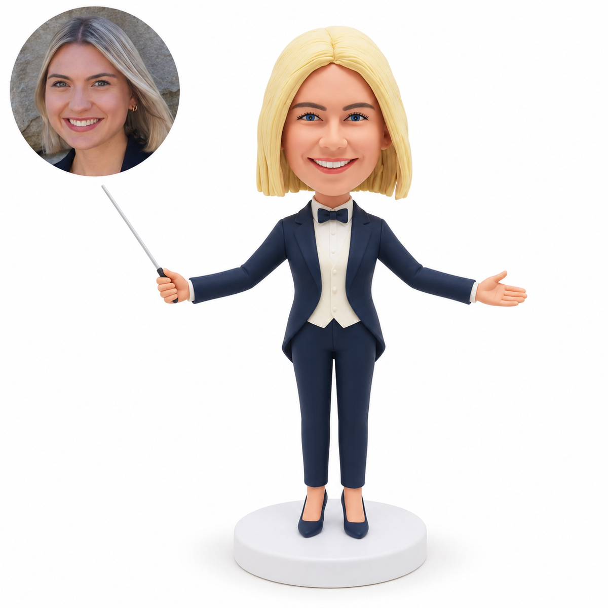 custom bobblehead figure female conductor in a pantsuit with a baton and open arms