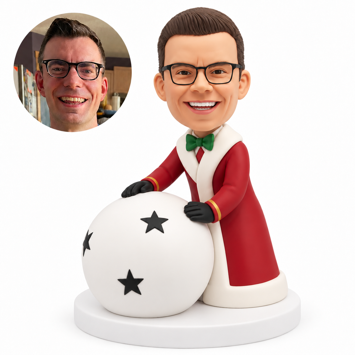 custom bobblehead figure man in a long Santa robe leaning over a large star snowball