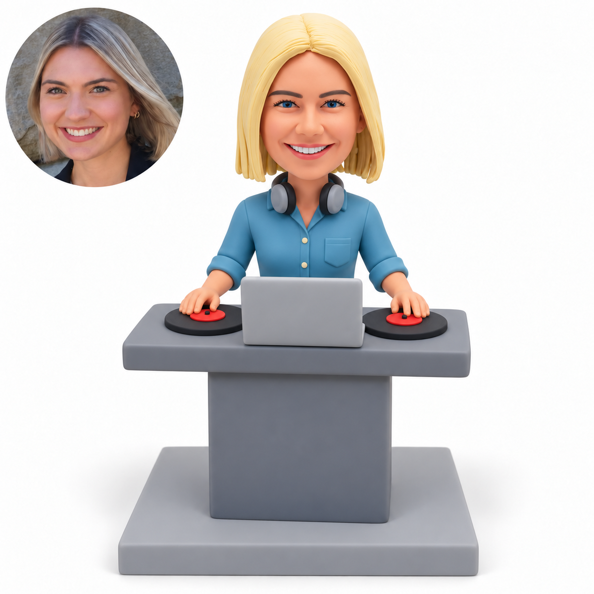 custom bobblehead figure female DJ at a laptop and two turntables on a pedestal console