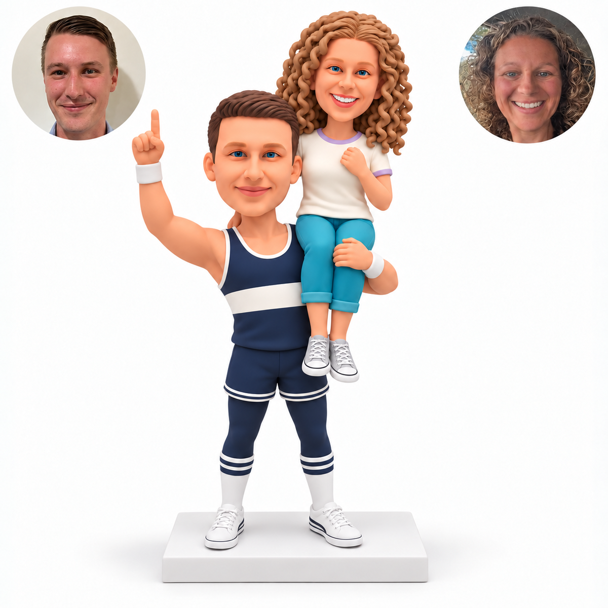 custom bobblehead figures fitness couple with a woman on the man's left shoulder and his right index finger raised