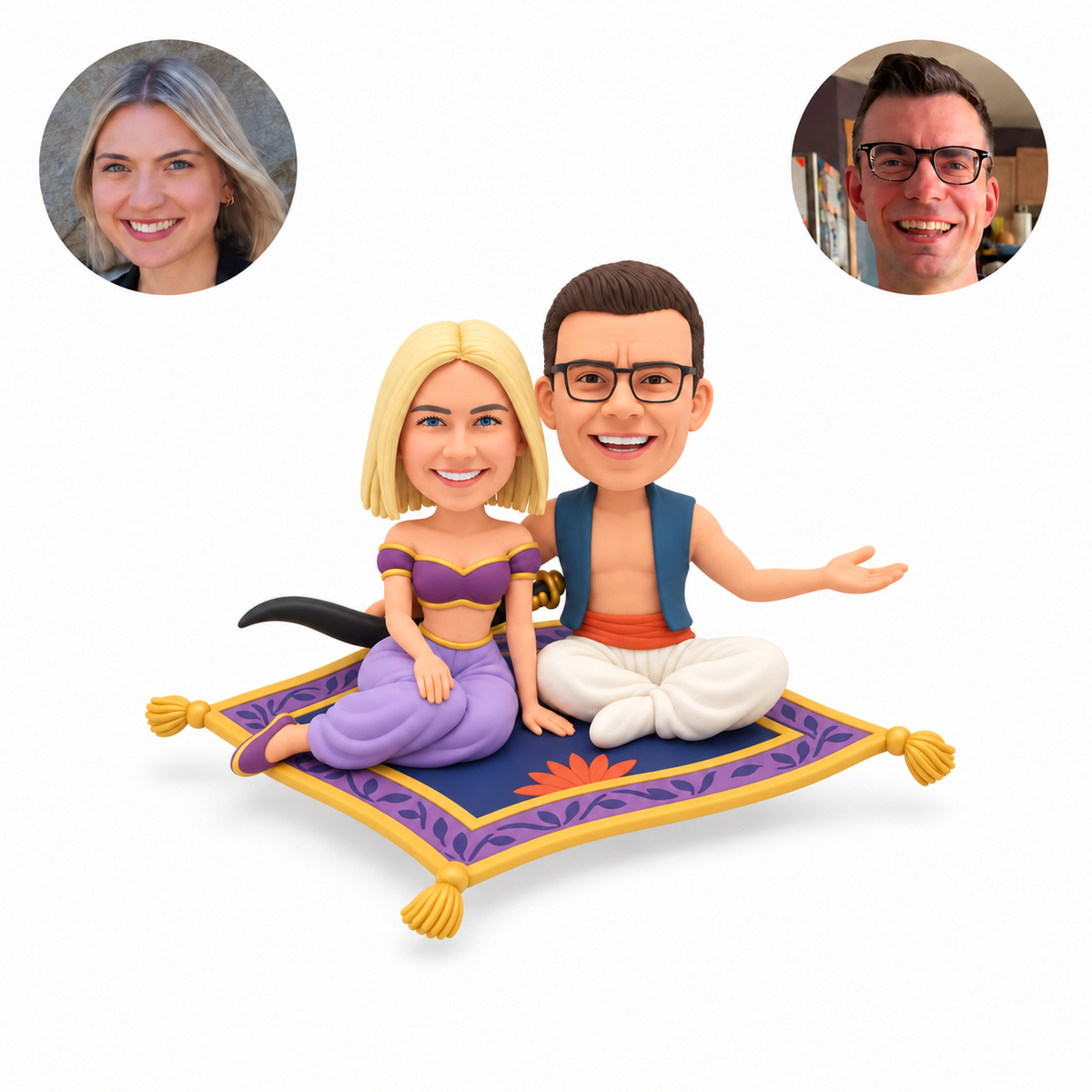 custom bobblehead figures fantasy couple seated on a flying carpet with a curved scabbard