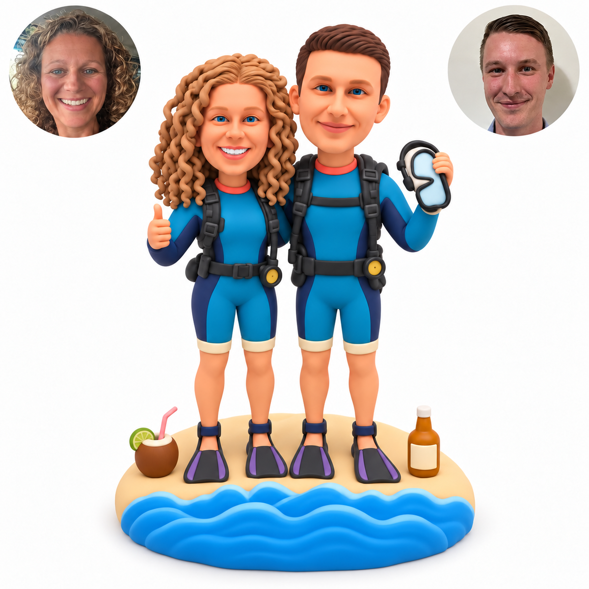 custom bobblehead figures scuba diving couple wearing fins with a raised mask and a thumbs up
