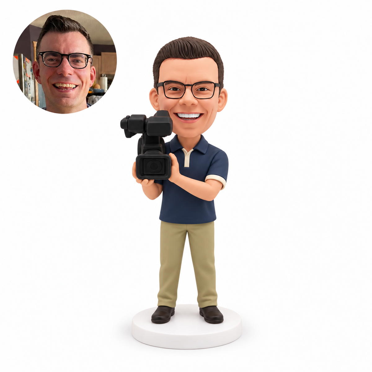 custom bobblehead figure male videographer holding a large video camera with both hands