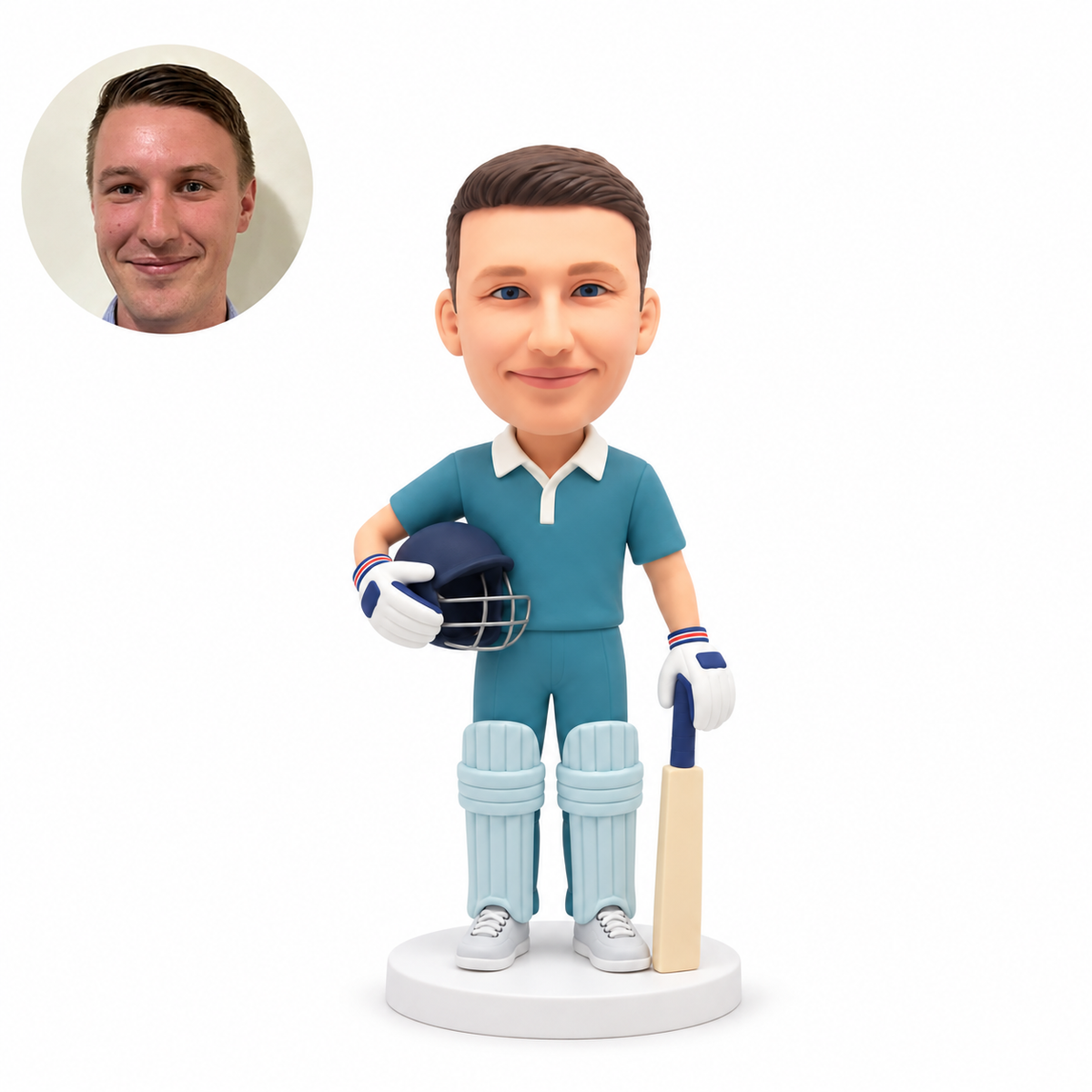 custom bobblehead figure male cricket player holding a helmet with a grounded bat