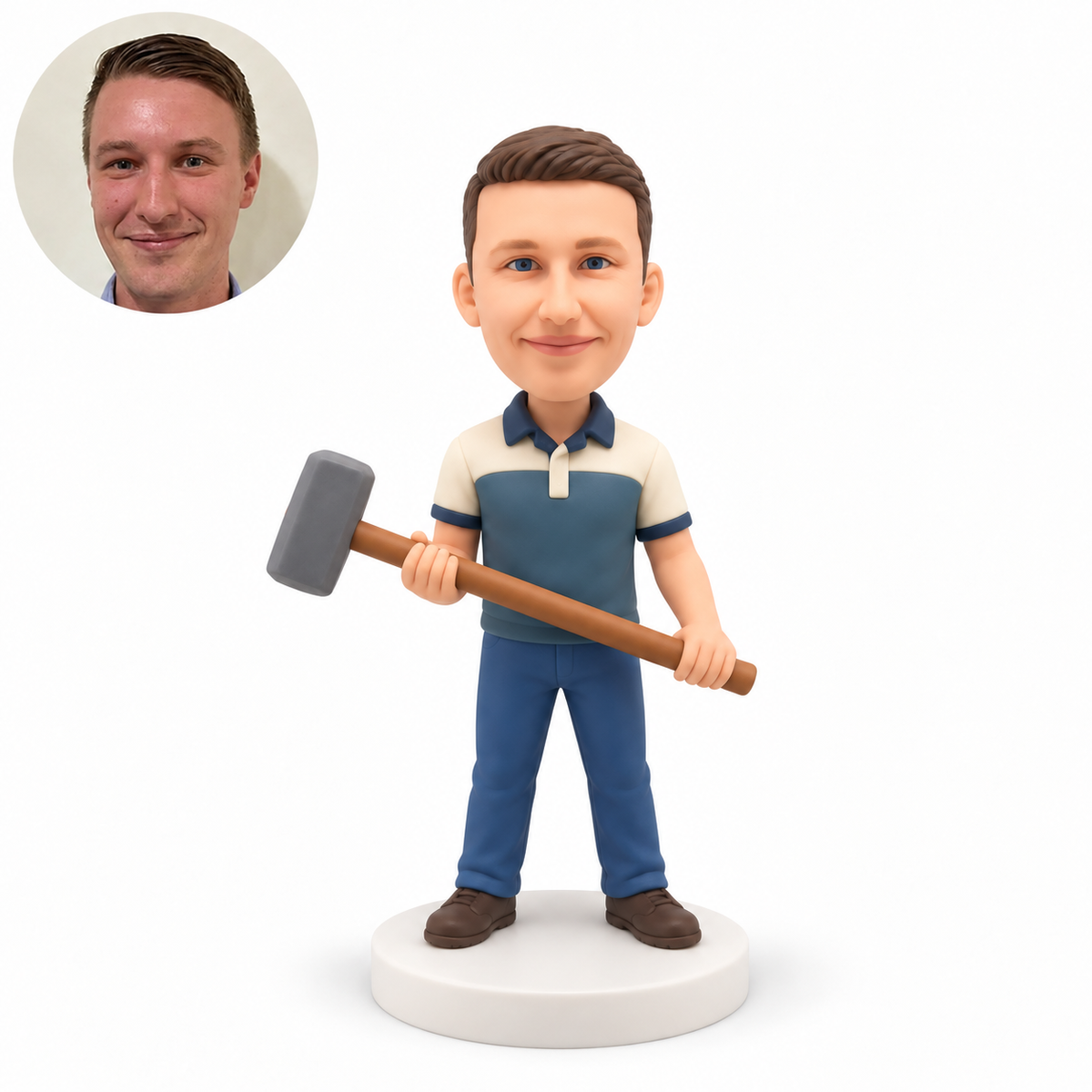 custom bobblehead figure male worker holding a long handled sledgehammer with both hands