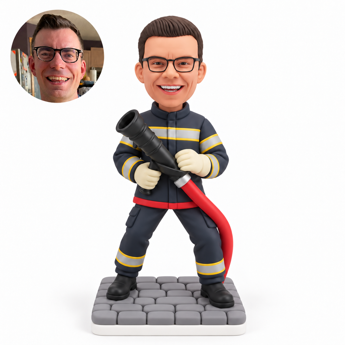 custom bobblehead figure male firefighter holding a hose nozzle diagonally across his chest