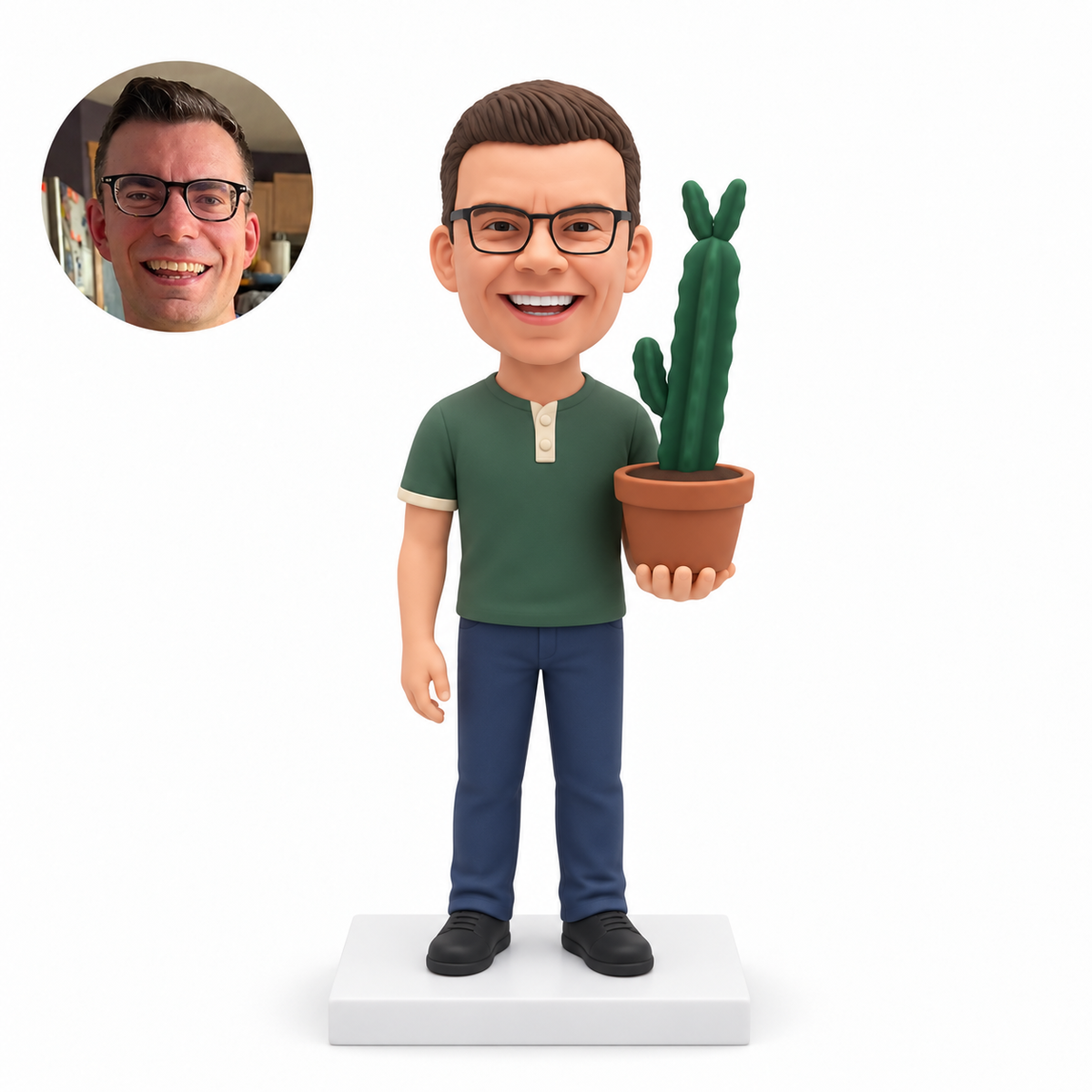 custom bobblehead figure male holding a tall potted cactus in his left palm