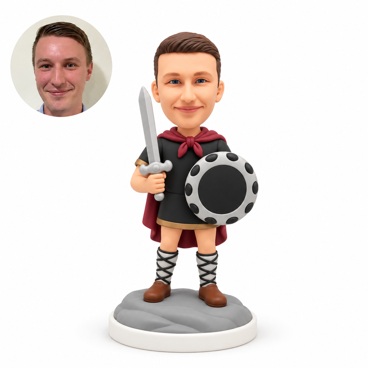 custom bobblehead figure male warrior holding an upright sword and a round shield