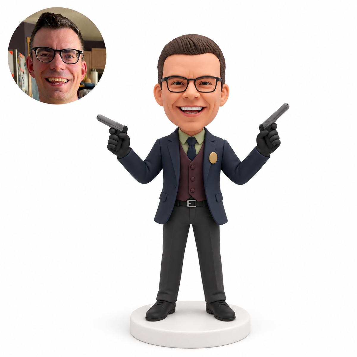custom bobblehead figure male character holding two prop pistols up at his sides