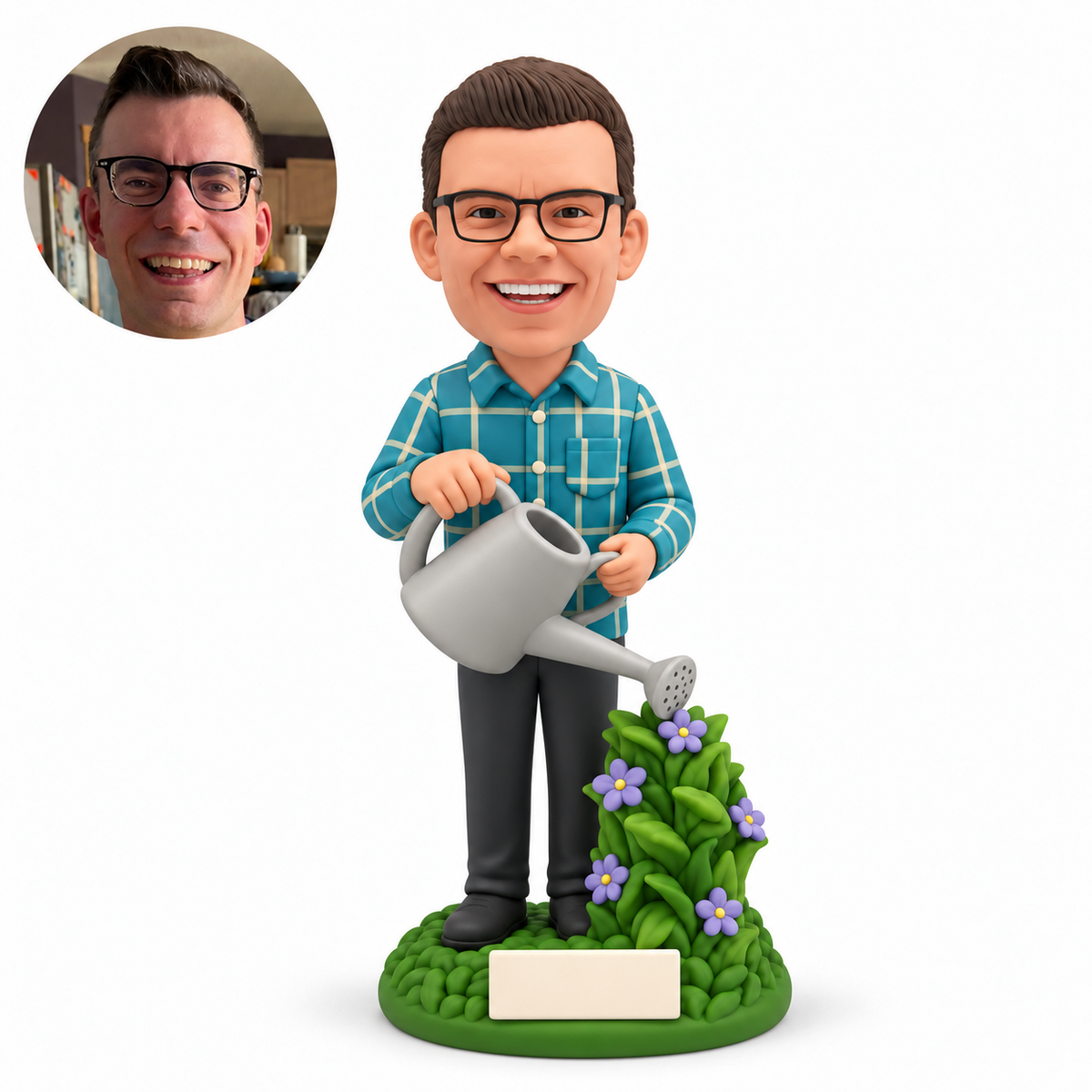 custom bobblehead figure male gardener holding a tilted watering can with both hands