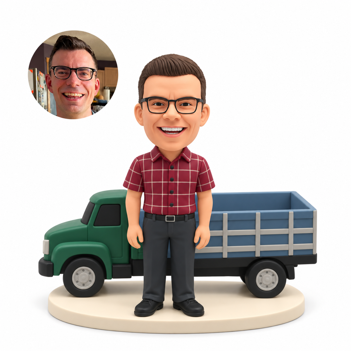 custom bobblehead figure male truck driver standing with arms at his sides in front of an open cargo truck