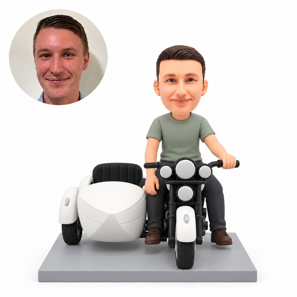 custom bobblehead figure male rider on a motorcycle with an empty sidecar and one arm lowered