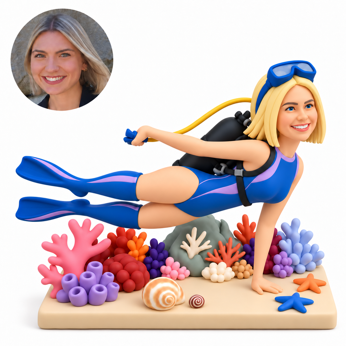 custom bobblehead figure female scuba diver in a horizontal pose with one hand on a reef base