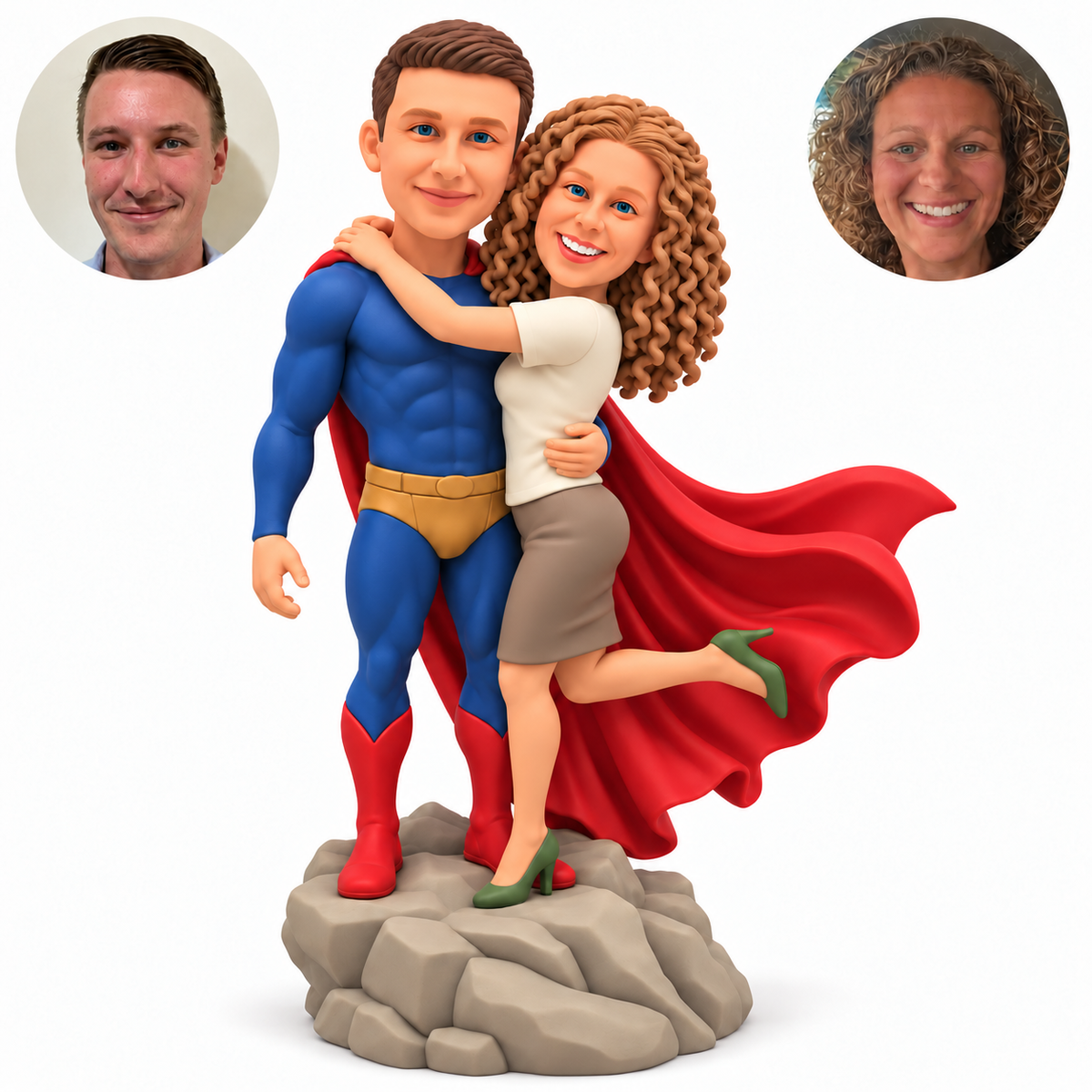 custom bobblehead figures superhero man embracing a woman on a rocky base