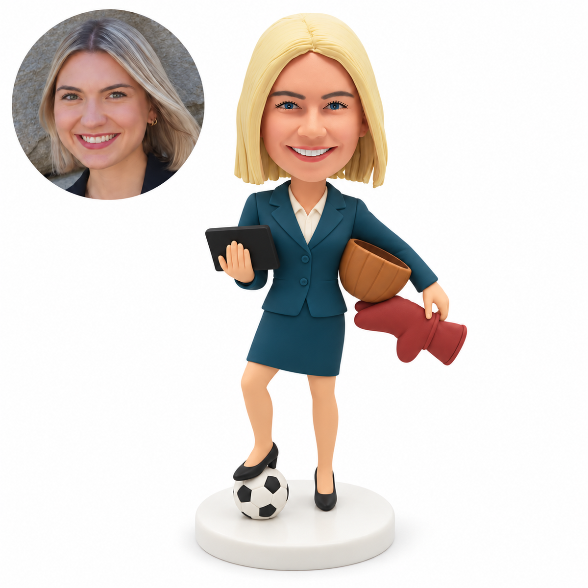 custom bobblehead figure mother holding a tablet and mixing bowl with an oven mitt