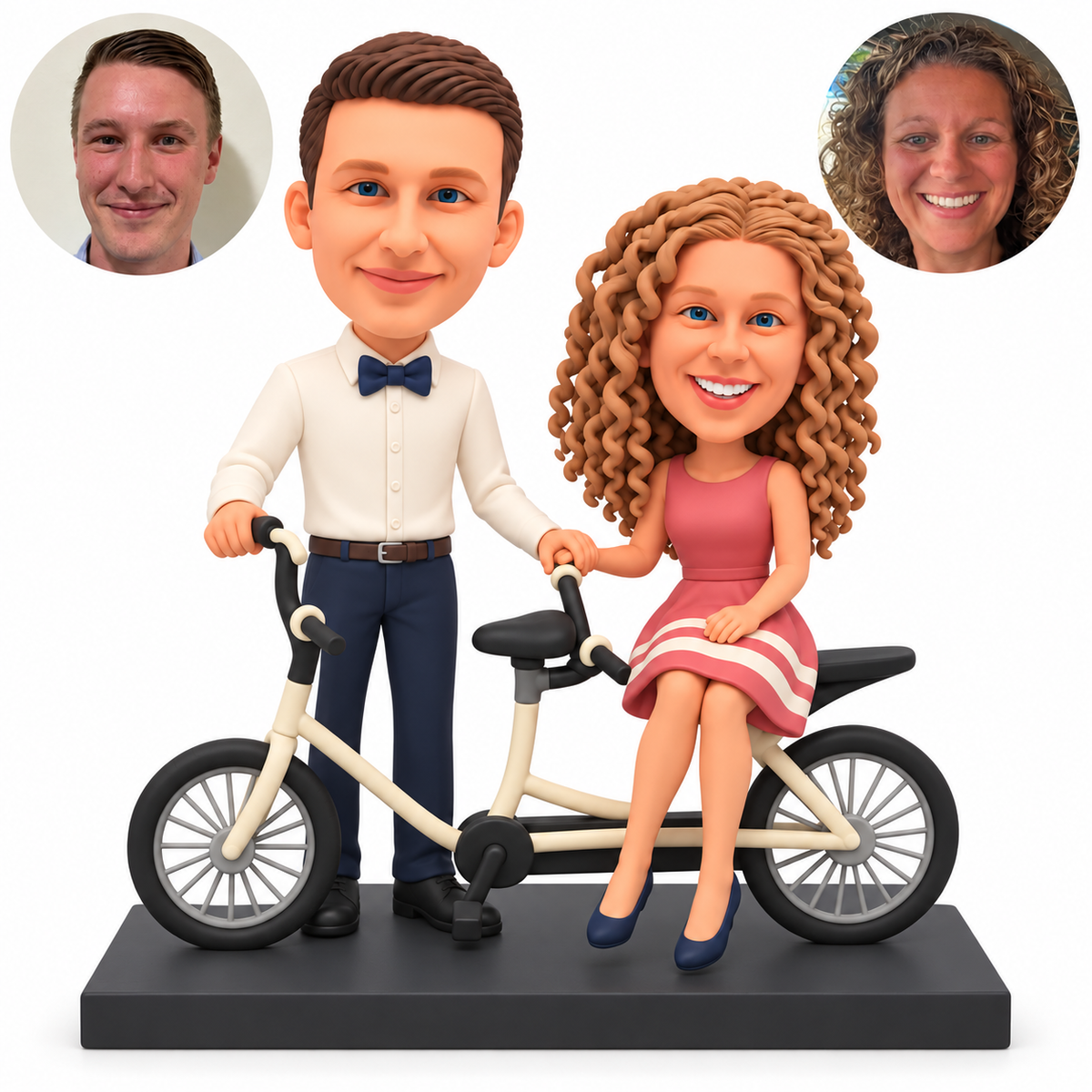 custom bobblehead figures couple with a woman seated on the rear carrier of a bicycle