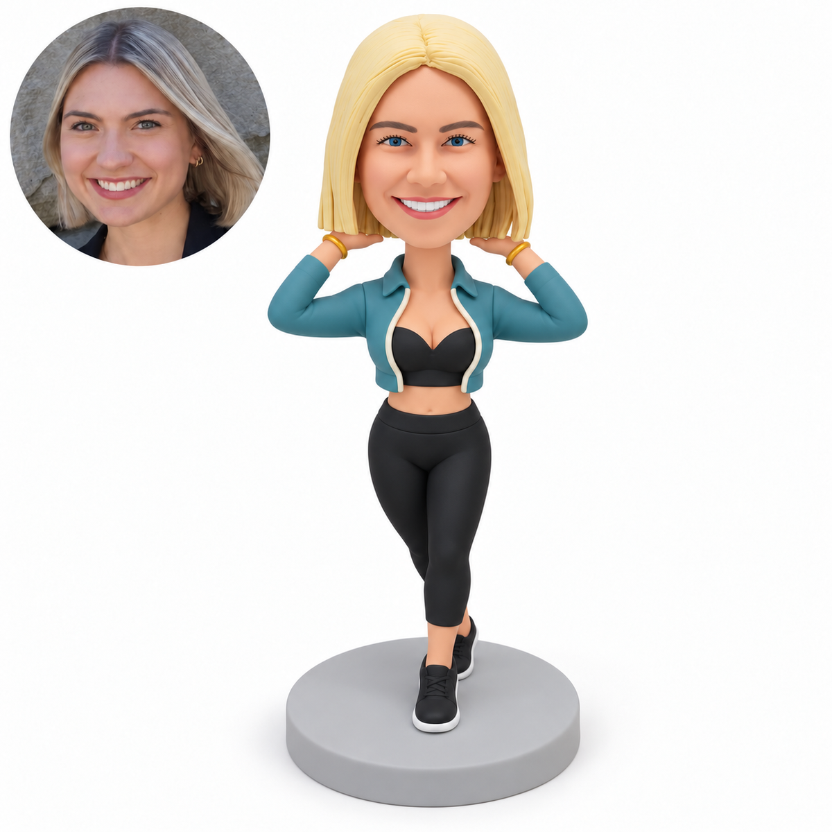 custom bobblehead figure woman posing with both hands beside her neck and crossed legs