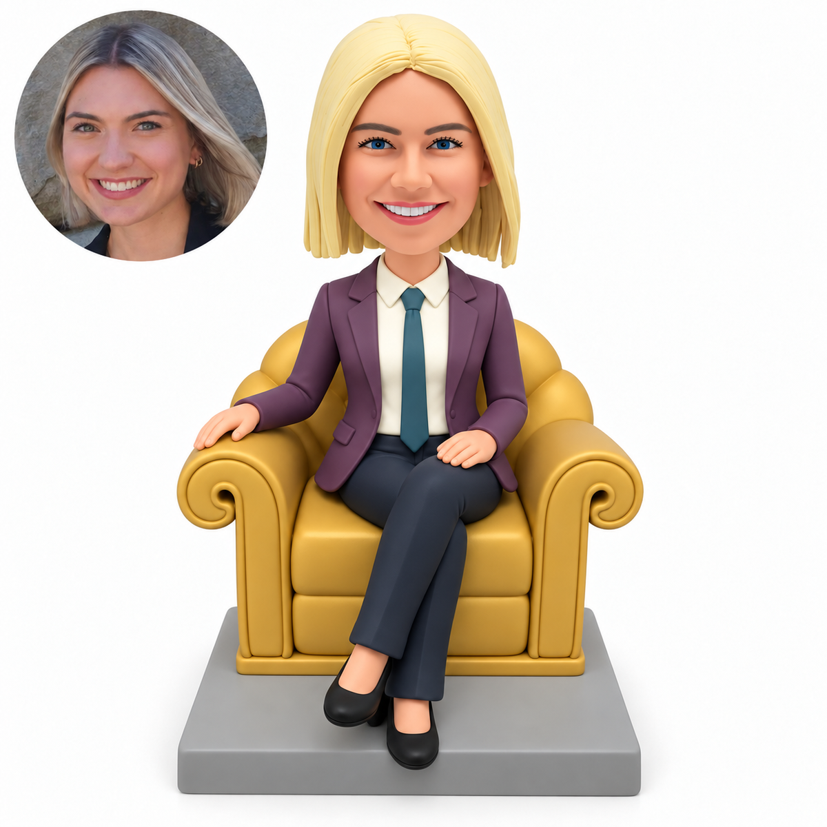 custom bobblehead figure businesswoman seated in a rolled armchair with one hand on her thigh