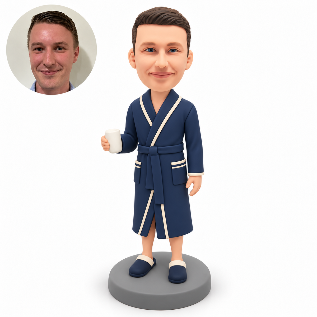 custom bobblehead figure man in a bathrobe holding a cup with one arm lowered