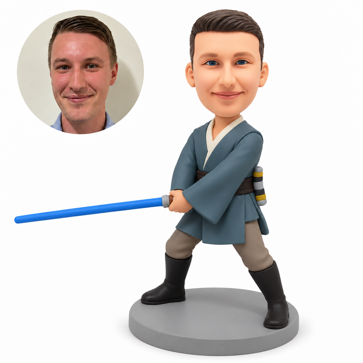 custom bobblehead figure male robe warrior holding a light sword low with both hands