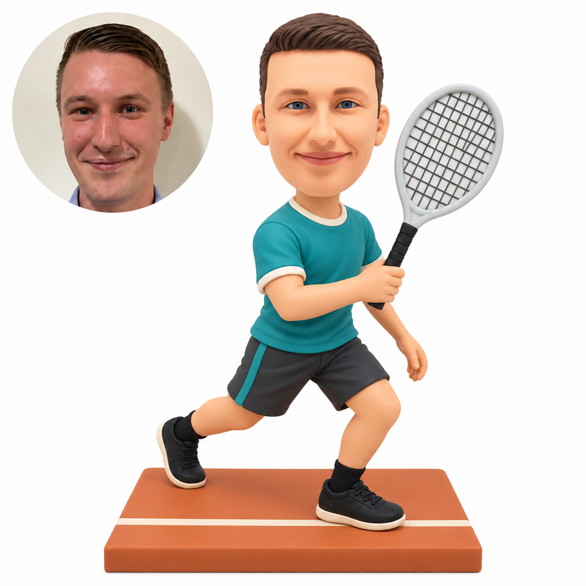 custom bobblehead figure male tennis player stepping forward with a racket raised in one hand