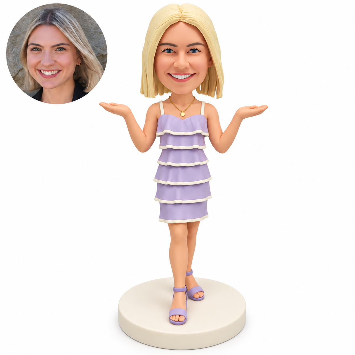 custom bobblehead figure woman in a ruffled dress with both palms raised beside her shoulders