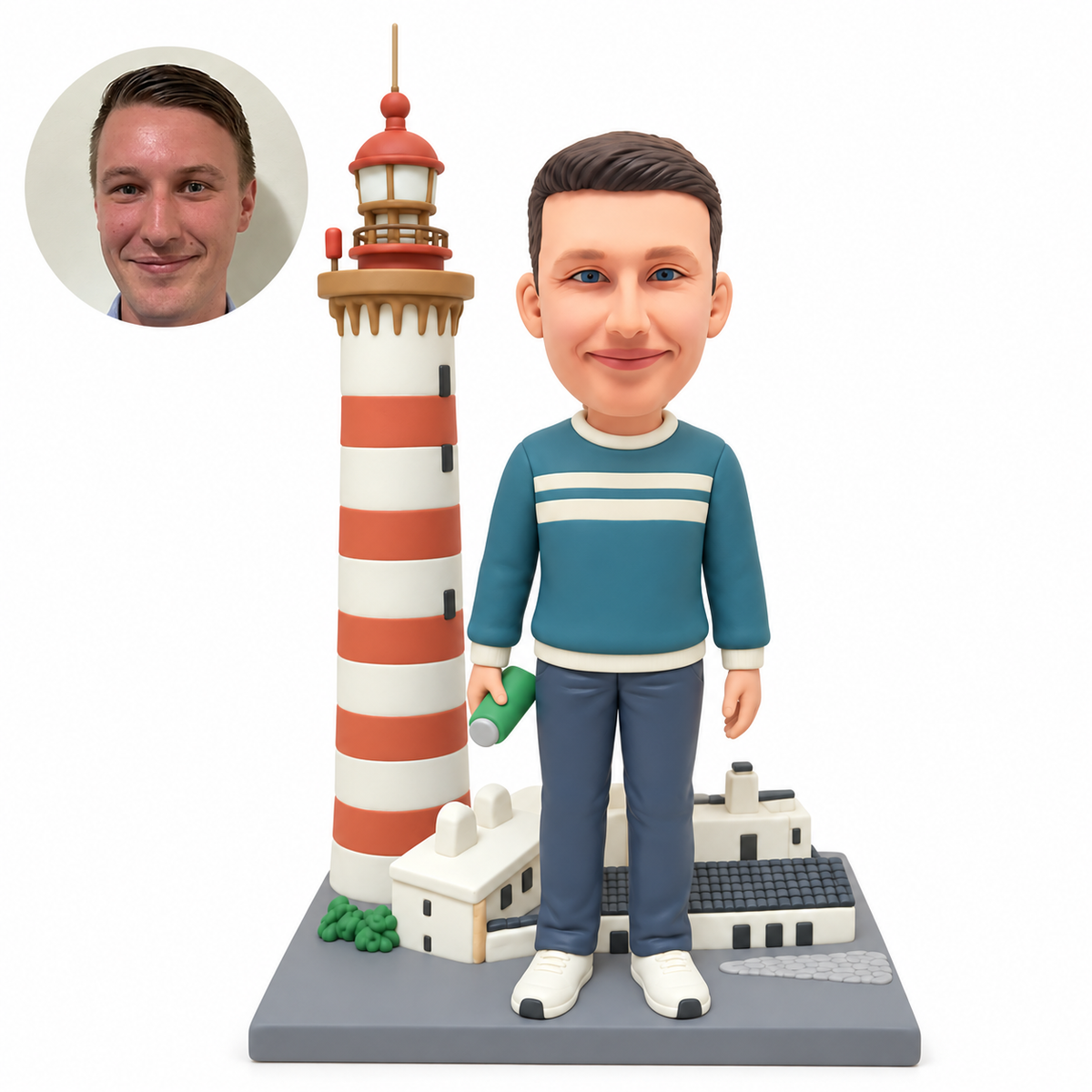 custom bobblehead figure man standing beside a striped lighthouse and keeper buildings