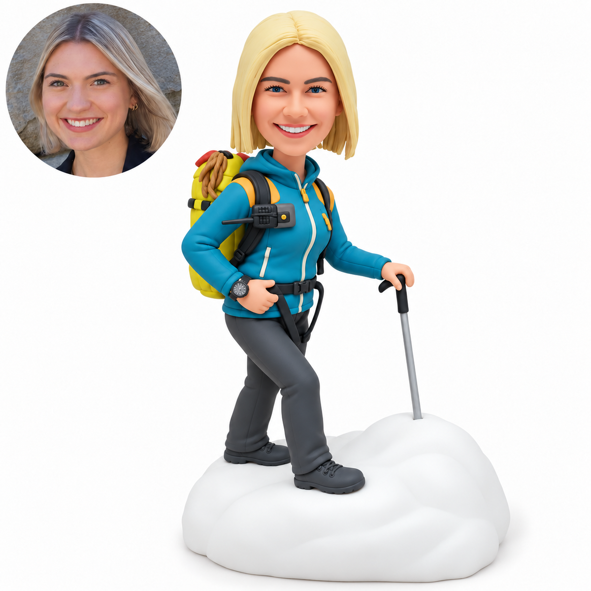 custom bobblehead figure female mountaineer holding one trekking pole on a snowy rock